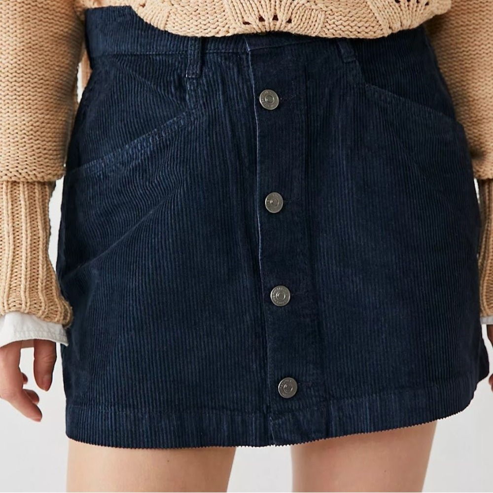 Free People Women's 8 Ray‎ Mini Skirt Navy Blue Corduroy Button Front High Waist